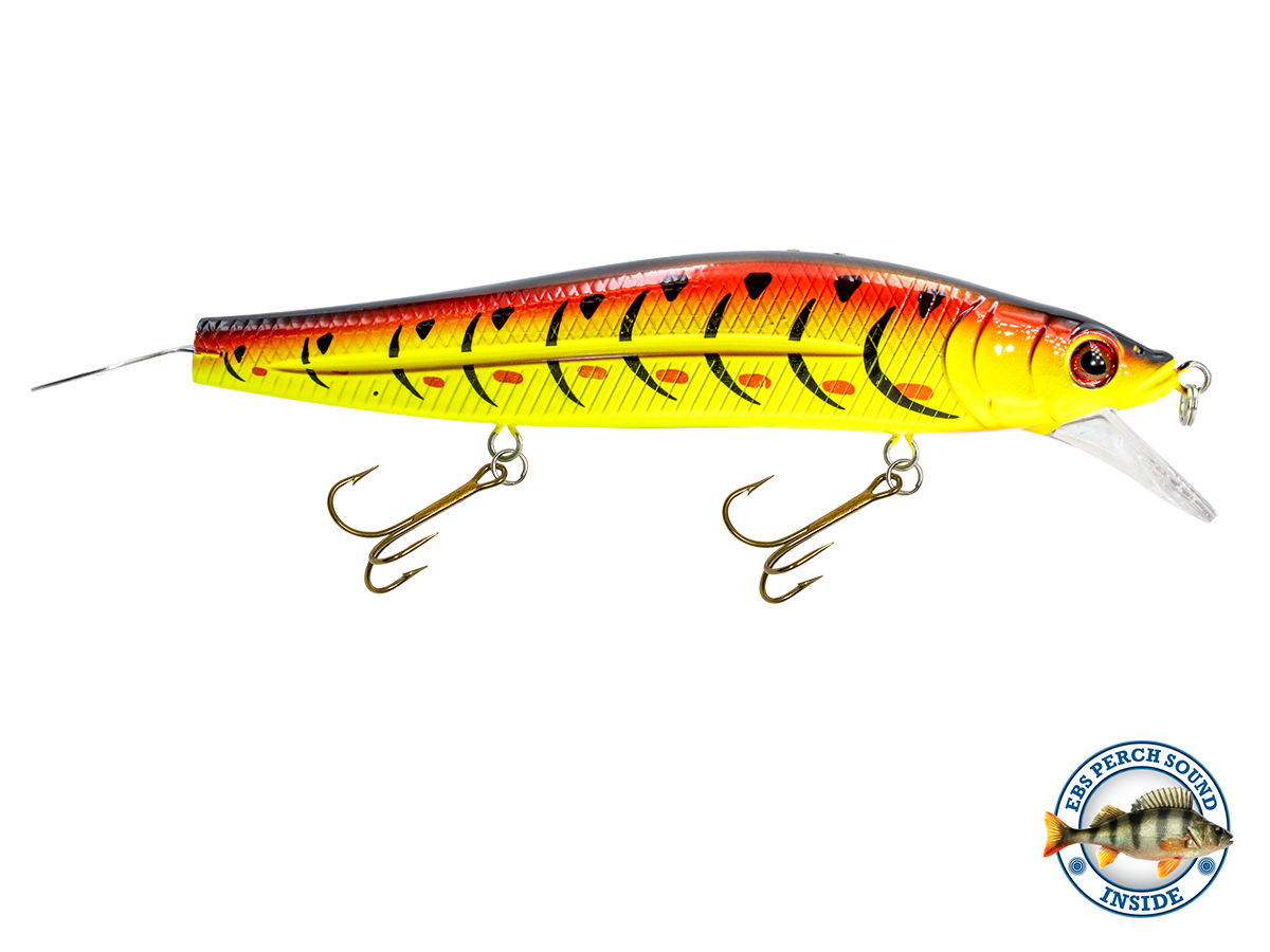 Fishing lure with a tiger striped pattern on a white background