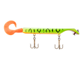 Fishing lure with orange and green body on a white background