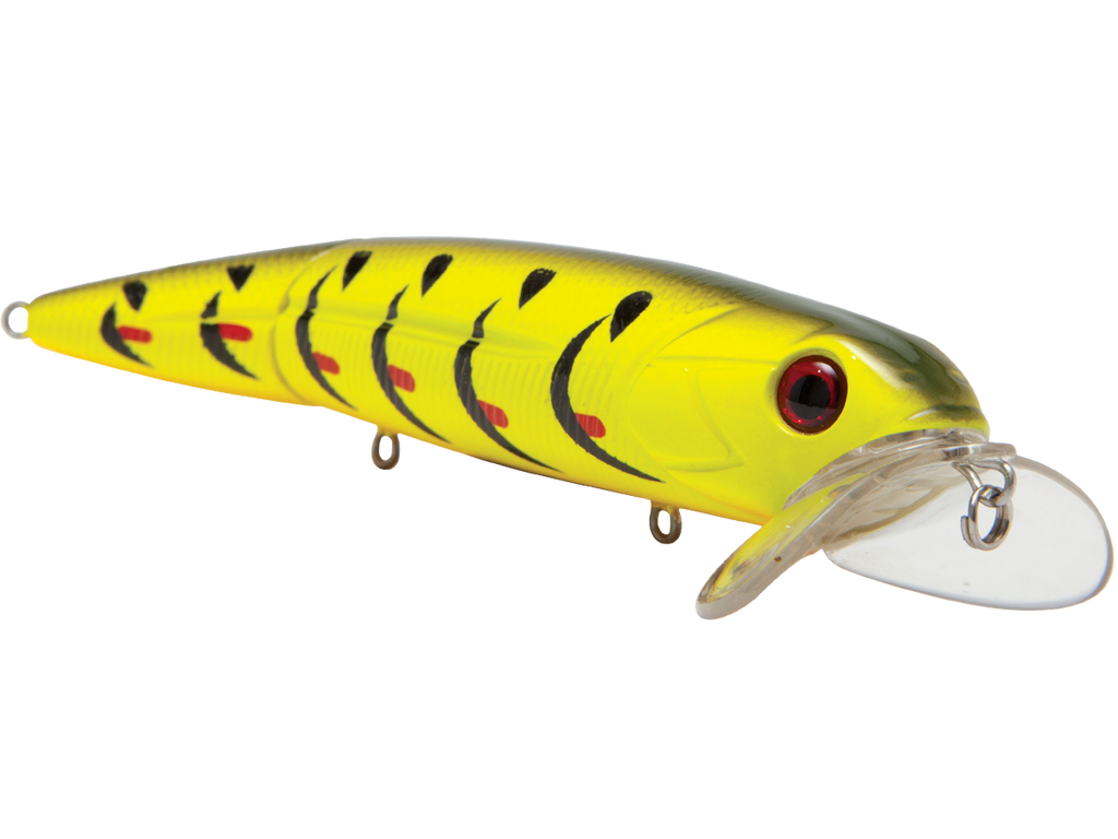 Yellow fishing lure with black and red patterns on a white background
