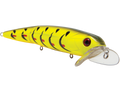 Yellow fishing lure with black and red patterns on a white background