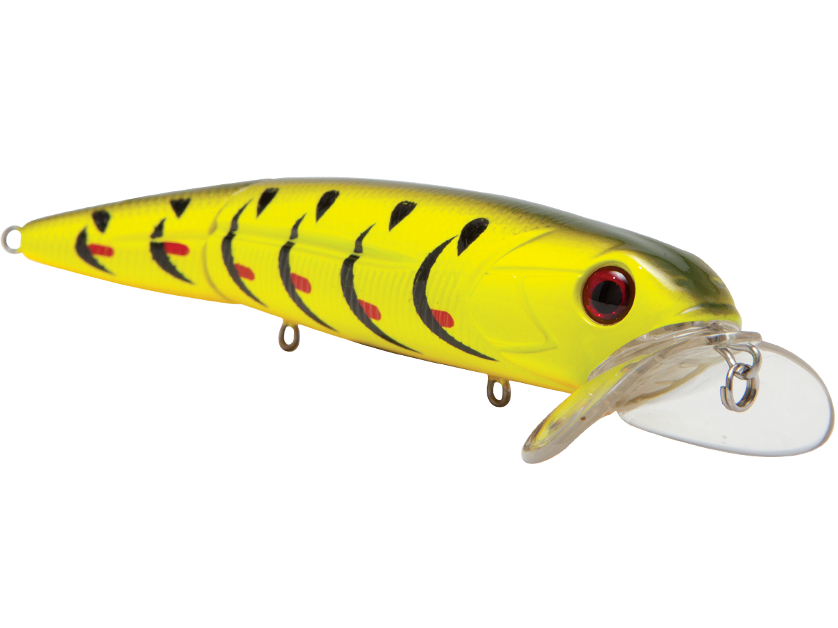 Yellow fishing lure with black and red patterns on a white background