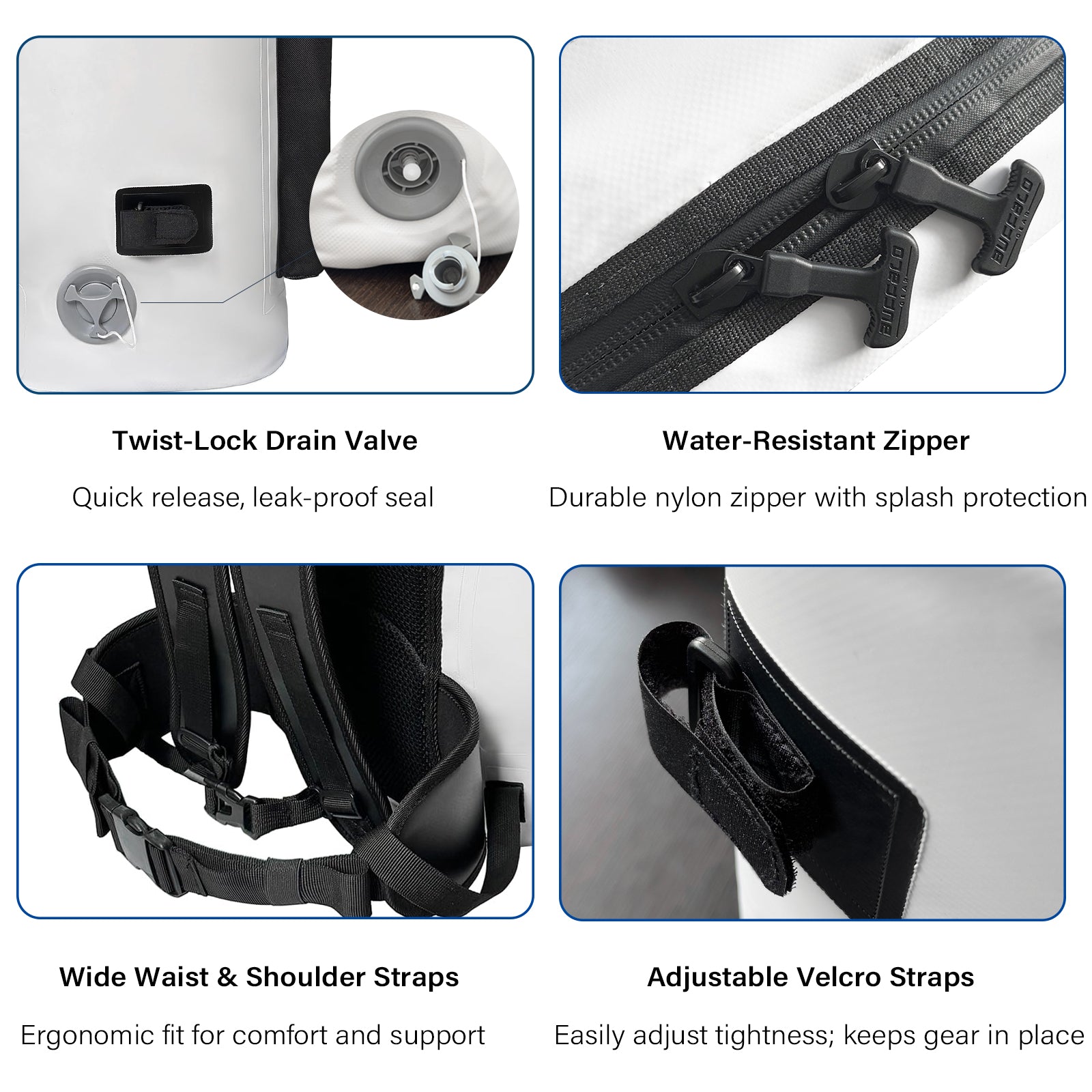 Product features including twist-lock drain valve, water-resistant zipper, wide waist & shoulder straps, and adjustable velcro straps.