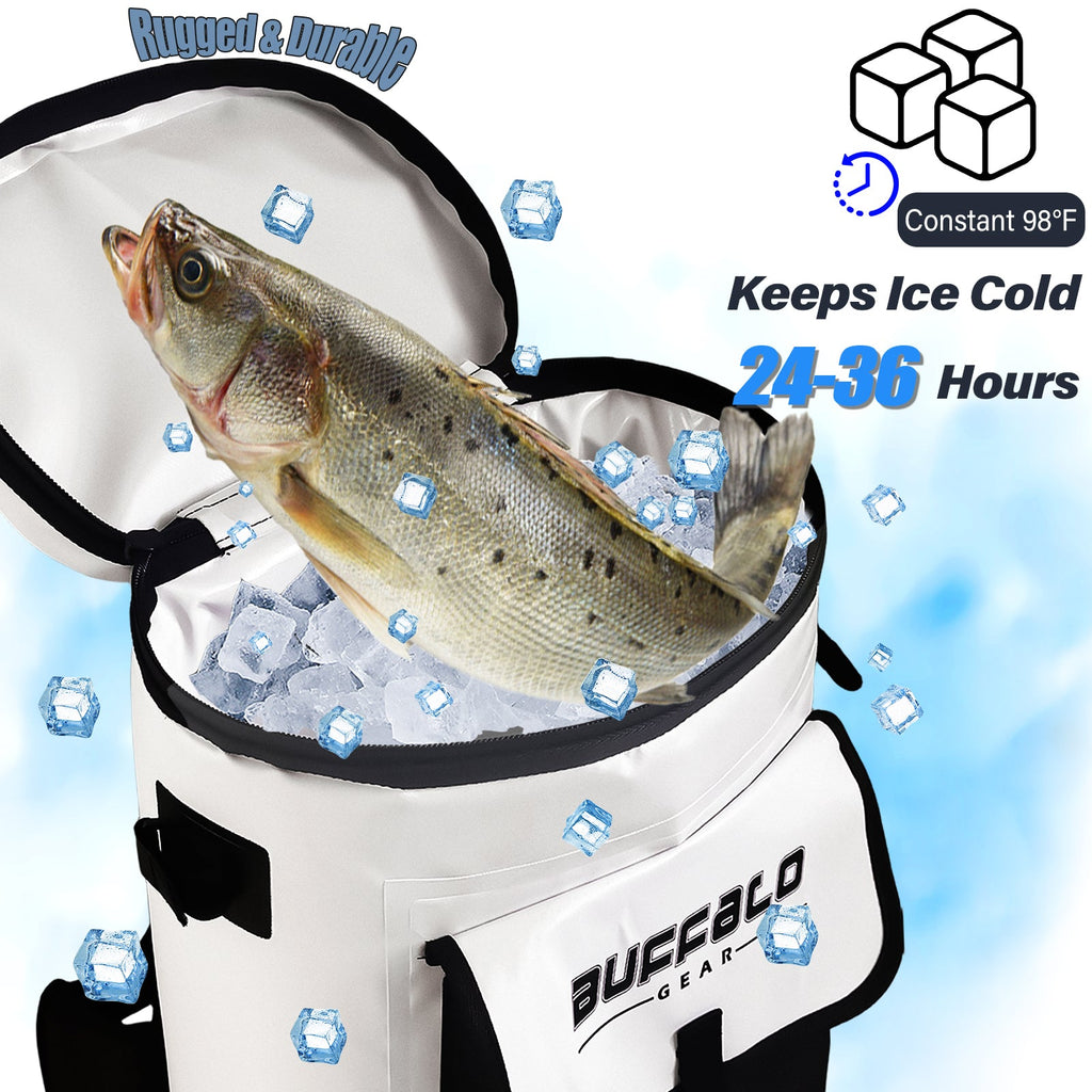 White cooler bag with fish and ice cubes, labeled 'Buffalo Gear', on a light blue background.