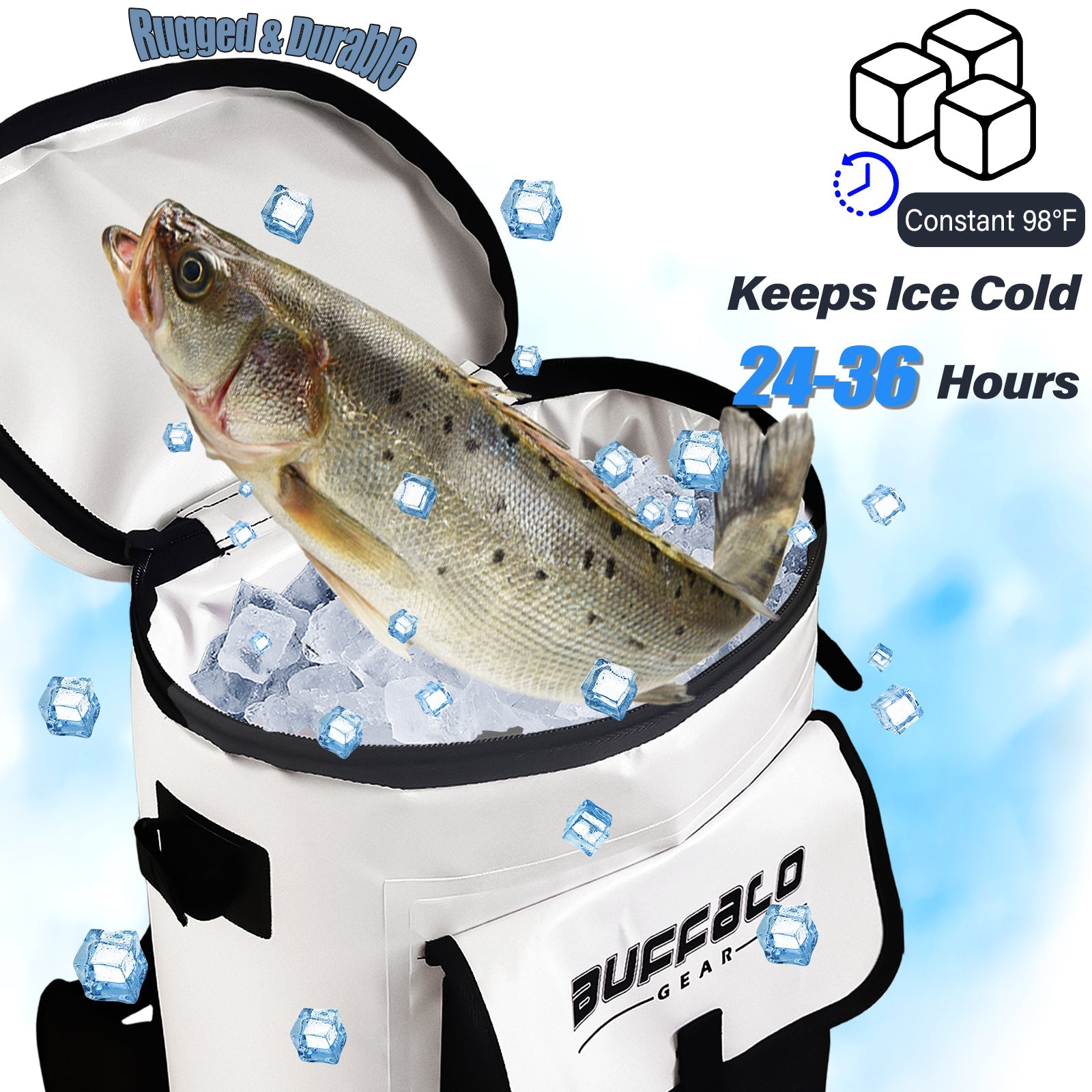 White cooler bag with fish and ice cubes, labeled 'Buffalo Gear', on a light blue background.