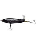 Black fishing lure with a white blade on a white background