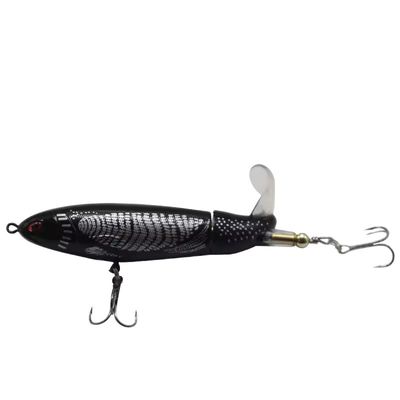 Black fishing lure with a white blade on a white background