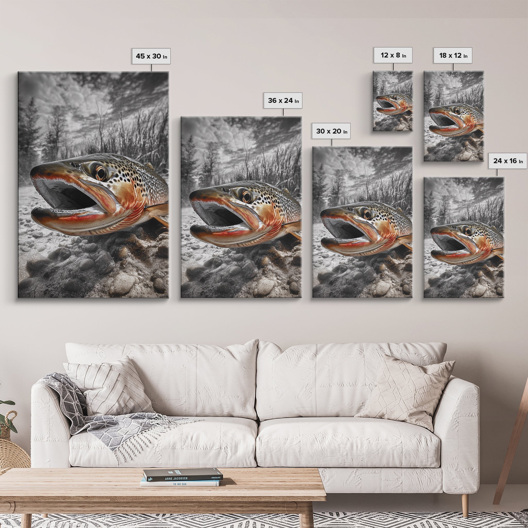 Brown Trout Closeup, Riverbed Focus, Dramatic Fish Art, Framed Canvas Print, Fisherman Gift, Cabin Wall Art, Rustic Outdoor Decor