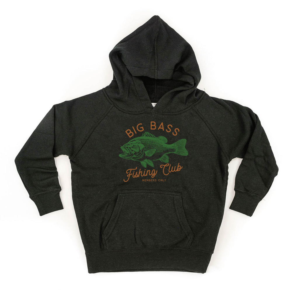 Black hoodie with 'Big Bass Fishing Club' graphic on a white background