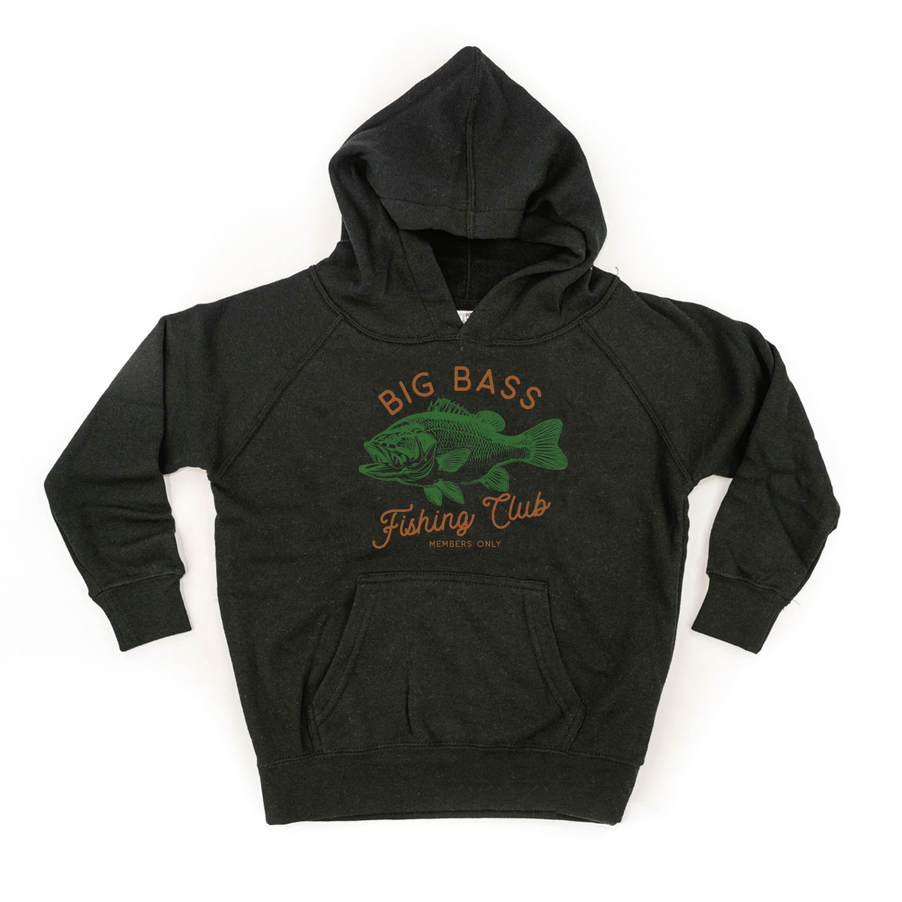 Black hoodie with 'Big Bass Fishing Club' graphic on a white background