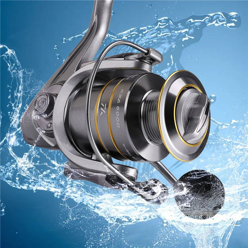 Fishing reel with water splashes on a blue background