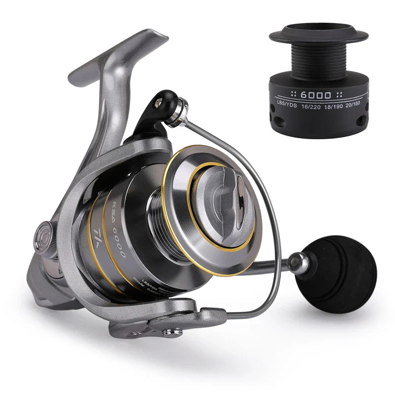 Fishing reel with a close-up of the spool on a white background