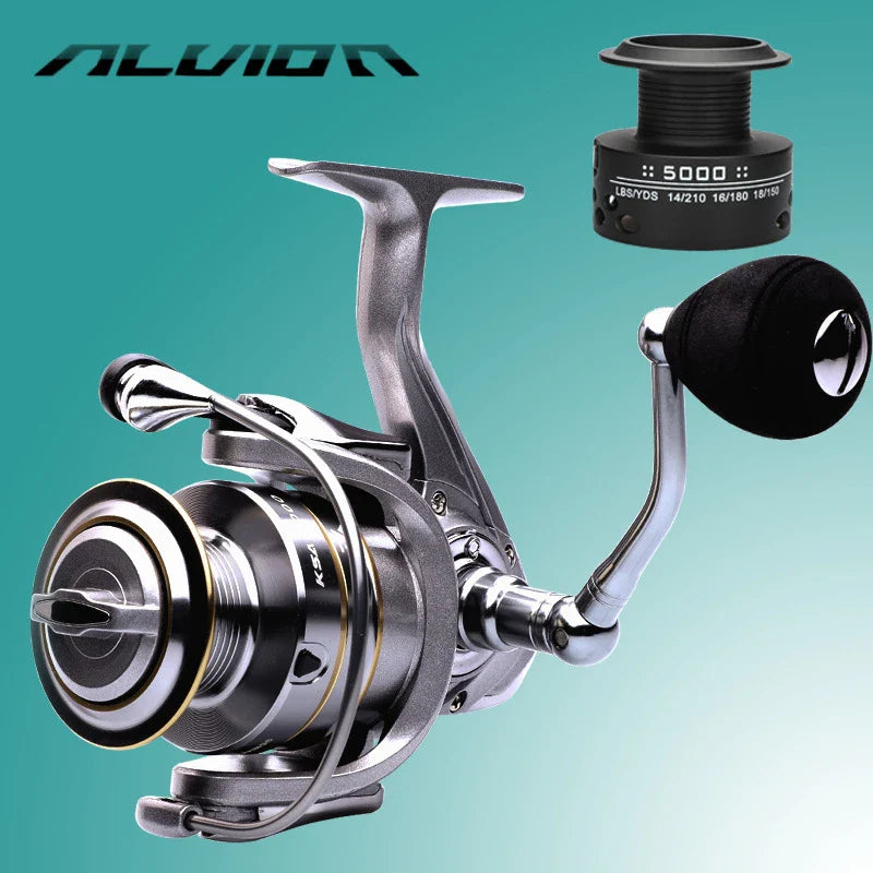 Fishing reel with spool on a gradient green background, featuring the Alvion brand.