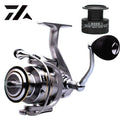 Fishing reel with black spool on a white background, featuring the FA logo.