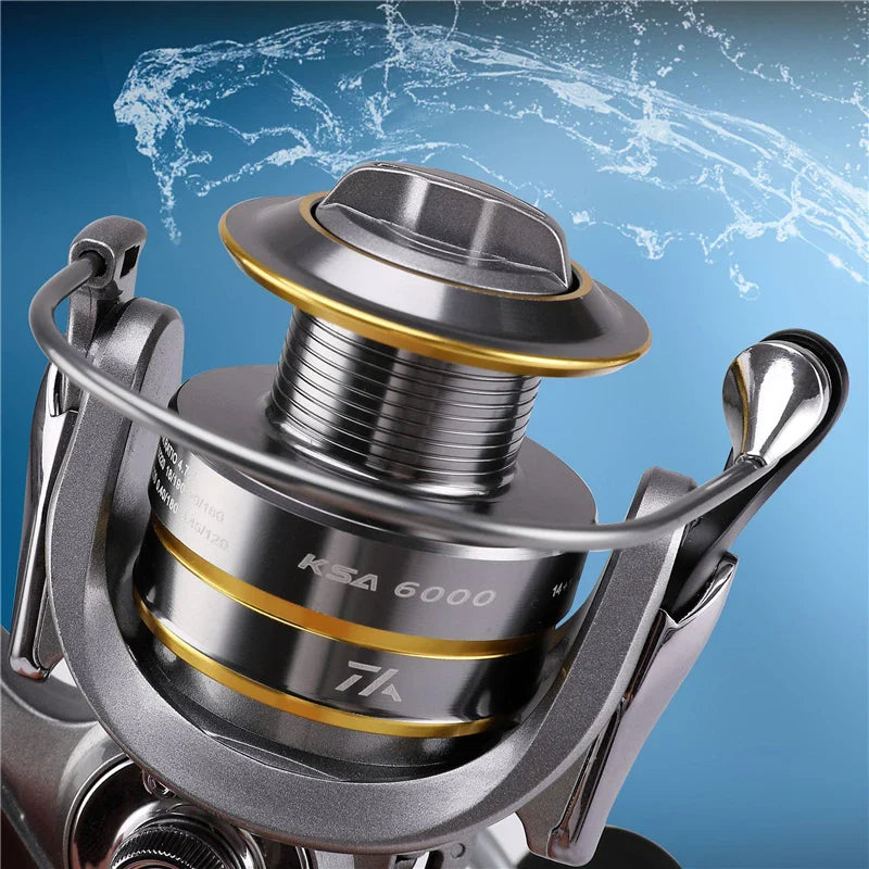Fishing reel with 'KDA 6000' branding on a blue background