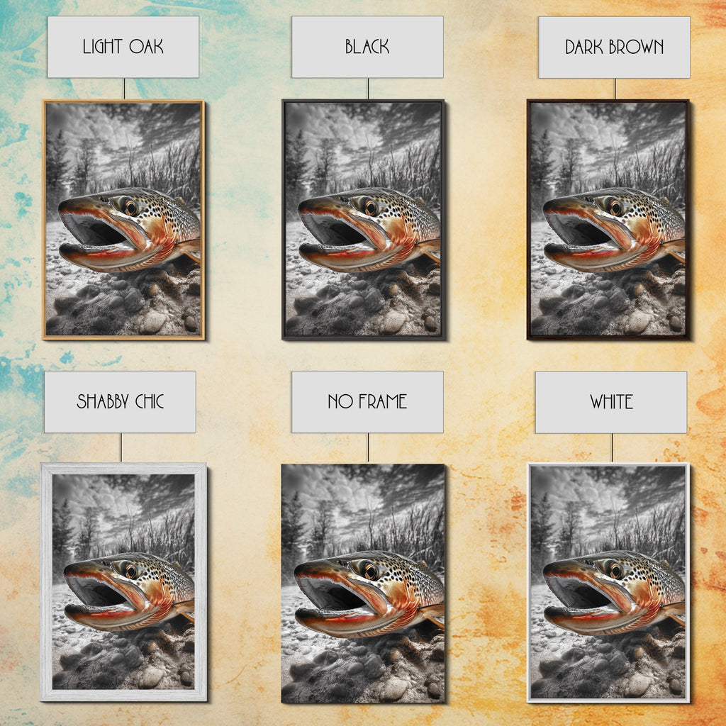 Brown Trout Closeup, Riverbed Focus, Dramatic Fish Art, Framed Canvas Print, Fisherman Gift, Cabin Wall Art, Rustic Outdoor Decor