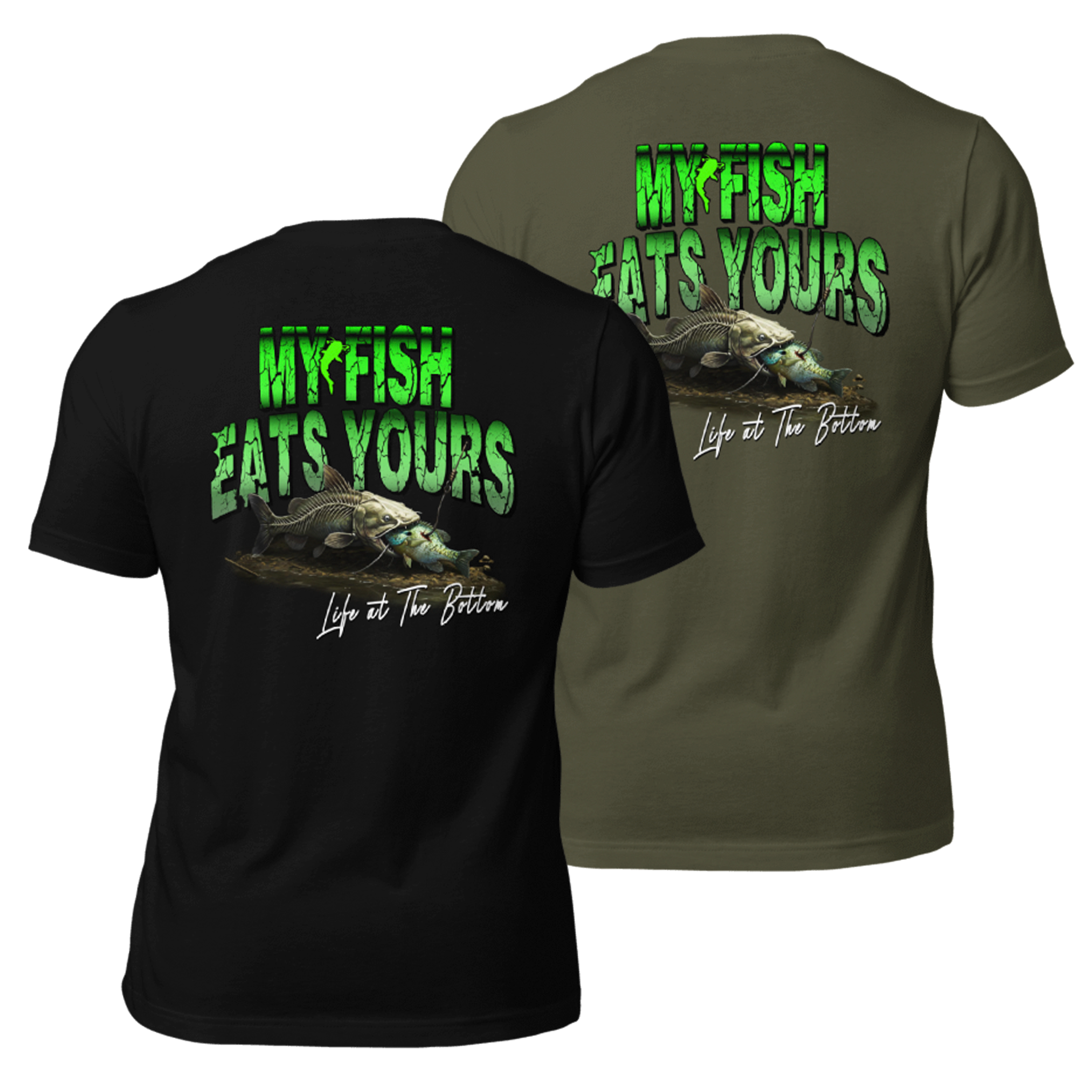 Black and green t-shirts with fish graphic and text 'My Fish Eats Yours' on a white background