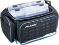 Black fishing tackle bag with blue accents and a clear top compartment, featuring the Plano logo.