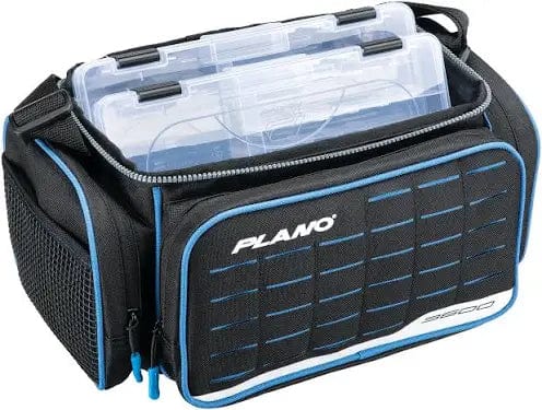 Black fishing tackle bag with blue accents and a clear top compartment, featuring the Plano logo.